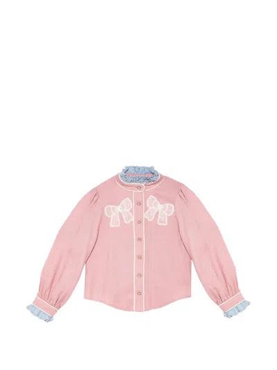 Tutu Du Monde Kids' Sweet Memory Bow-embroidered Ruffled Blouse In Pink