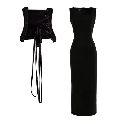 Tuva Collection Women's Black Versa Lux Midi Dress With Detachable Corset