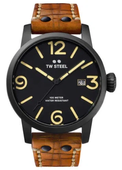 Pre-owned Tw Steel Maverick Black Pvd Black Dial Leather Date Quartz Mens Watch Ms31