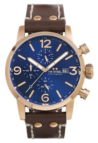 Pre-owned Tw Steel Maverick Chrono Rose Gold Pvd Brown Leather Quartz Mens Watch Ms84