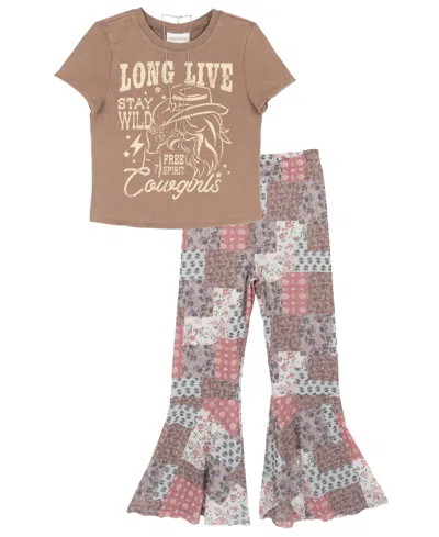 Tween Diva Kids' Girls' 7-12 Acid Wash Graphic T-shirt And Patchwork Print Pants, 2-piece Set In Light Brown