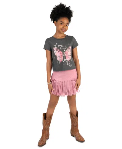 Tween Diva Kids' Girls' 7-12 Acid Wash Graphic T-shirt, Faux Suede Fringe Skirt And Bracelet, 3-piece Set In Gray