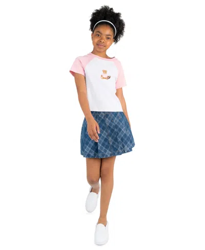 Tween Diva Kids' Girls' 7-12 Bear Graphic Raglan Sleeve T-shirt, Plaid Skort And Bracelet, 3-piece Set In White