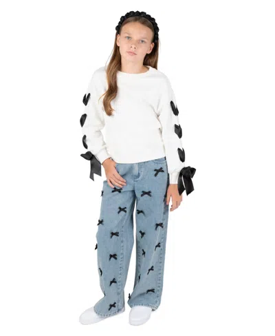 Tween Diva Kids' Girls' 7-12 Bow-trim Sweatshirt And Bow-embellished Wide-leg Denim Pants, 2-piece Set In White