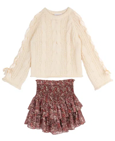 Tween Diva Kids' Girls' 7-12 Cable-knit Sweater And Floral Lurex Chiffon Skort, 2-piece Set In Brown