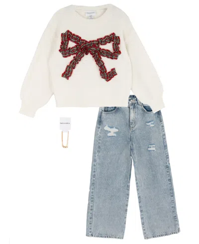 Tween Diva Kids' Girls' 7-12 Plaid-bow Wide-leg Sweater And Jeans, 2-piece Set In Multi