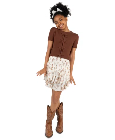 Tween Diva Kids' Girls' 7-12 Rib Knit Bow Sweater, Printed Skort And Satin Hair Bow, 3-piece Set In Brown