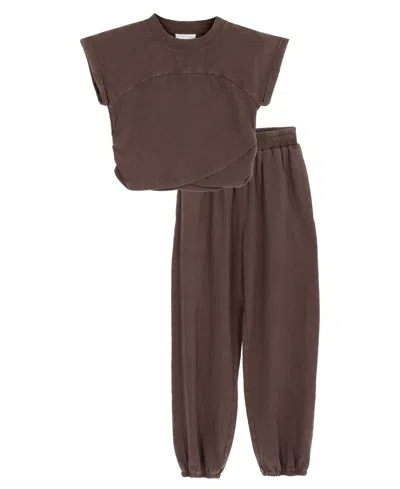 Tween Diva Kids' Girls' 7-12 Washed Jersey Knit Crossover Top And Jogger Pants, 2-piece Set In Brown
