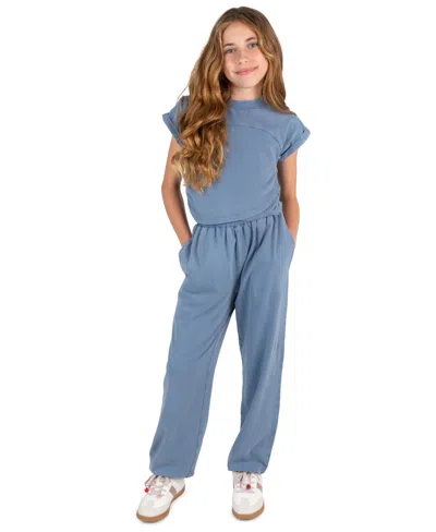 Tween Diva Kids' Girls' 7-12 Washed Jersey Knit Crossover T-shirt And Jogger Pants, 2-piece Set In Dusty Blue