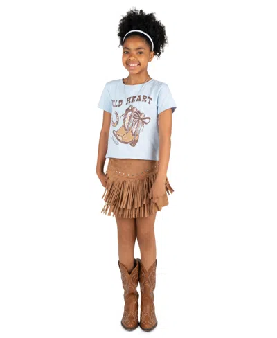 Tween Diva Kids' Girls' 7-12 Wild Heart Graphic T-shirt And Studded Faux Suede Fringe Skort, 2-piece Set In Blue