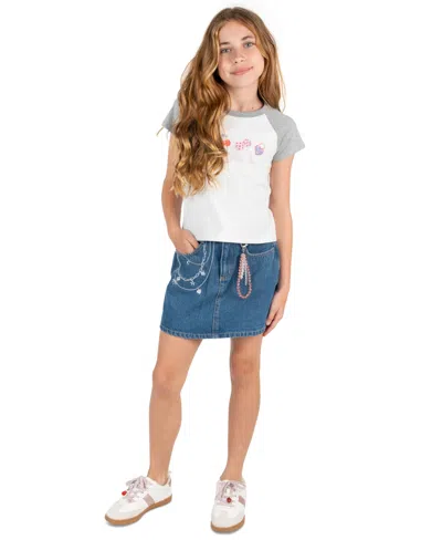 Tween Diva Kids' Girls' 7-16 Graphic Raglan T-shirt And Embroidered Denim Skort, 2-piece Set In Multi