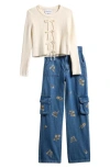 Tween Diva Kids' Bow Sweater & Cargo Jeans Set In White
