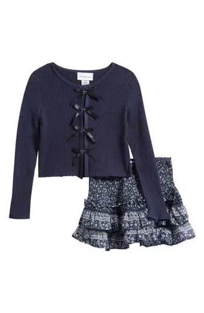 Tween Diva Kids' Bow Sweater, Skirt & Hair Clip Set In Blue