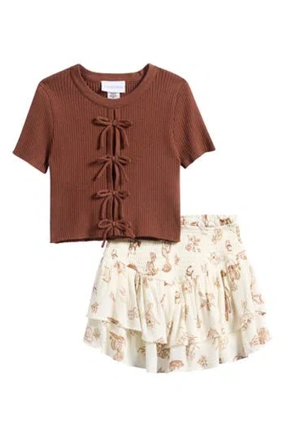 Tween Diva Kids' Bow Sweater, Skirt & Hair Tie Set In Brown