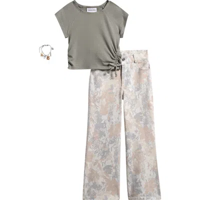 Tween Diva Kids' Cinched T-shirt, Camo Twill Pants & Bracelet Set In Gray
