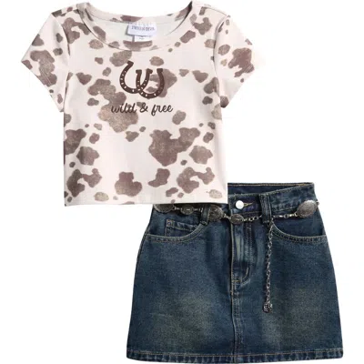 Tween Diva Kids' Cow Graphic T-shirt, Denim Skirt & Belt Set In Brown