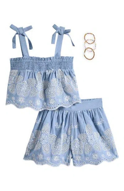 Tween Diva Kids' Eyelet Babydoll Top, Shorts & Beaded Bracelet Set In Blue