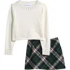 Tween Diva Kids' Faux Pearl Embellished Sweater & Tweed Skirt Set In Neutral