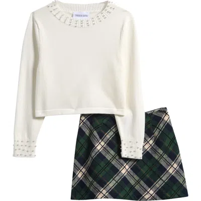 Tween Diva Kids' Faux Pearl Embellished Sweater & Tweed Skirt Set In Neutral