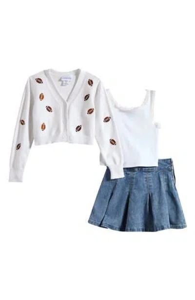 Tween Diva Kids' Football Embroidered Cardigan, Camisole & Skort Set In Multi