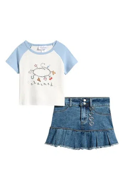 Tween Diva Kids' Graphic Raglan T-shirt, Skirt & Bracelet Set In Blue