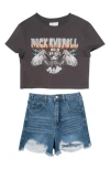 Tween Diva Kids' Graphic T-shirt & Distressed Denim Shorts Set
