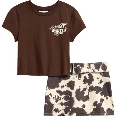Tween Diva Kids' Graphic Tee & Cow Print Skort Set In Brown
