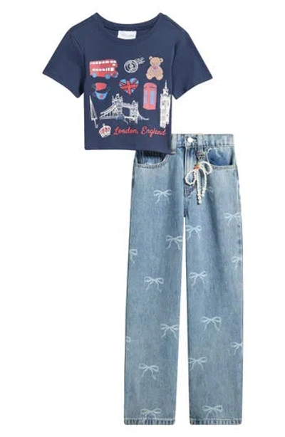 Tween Diva Kids' Graphic T-shirt & Bow Jeans Set In Blue