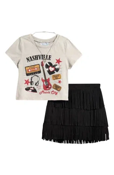 Tween Diva Kids' Graphic T-shirt & Fringe Skirt Set In Black