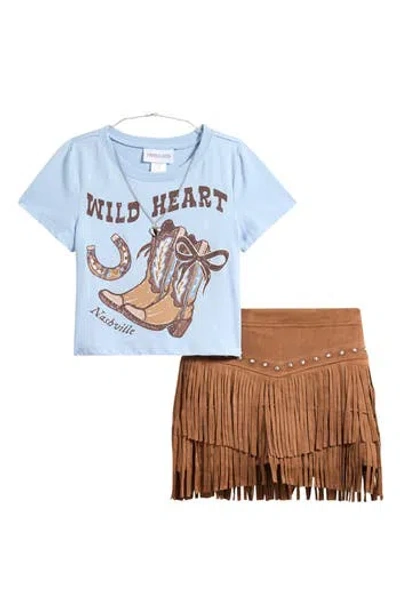 Tween Diva Kids' Graphic T-shirt & Fringe Skirt Set In Blue