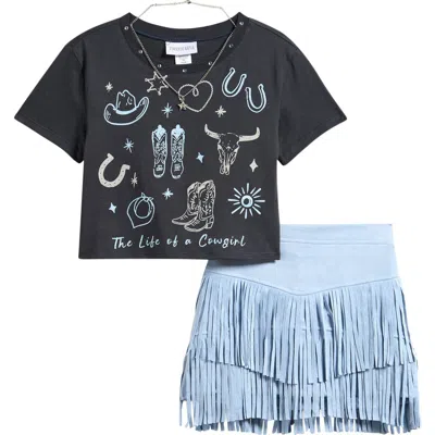 Tween Diva Kids' Graphic T-shirt & Fringe Skirt Set In Gray