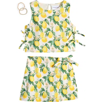 Tween Diva Kids' Lemon Print Ponte Tank & Skirt Set In Multi