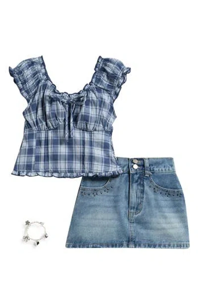Tween Diva Kids' Plaid Top, Denim Skirt & Bracelet Set In Blue