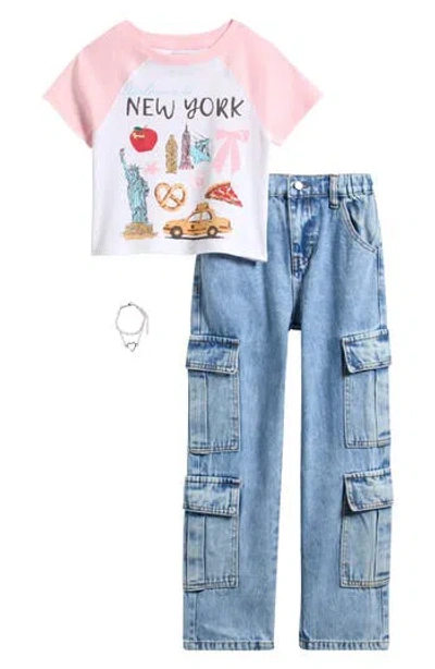Tween Diva Kids' Raglan Graphic Tee, Cargo Jeans & Bracelet 3-piece Set In Pink