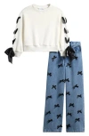 Tween Diva Kids' Ribbon Laced Sweatshirt & Bow Jeans Set In White