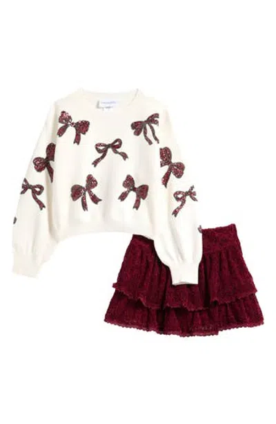 Tween Diva Kids' Sequined Bow Sweater & Lace Skort Set In Neutral