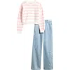 Tween Diva Kids' Stripe Sweater & Wide Leg Jeans Set In Pink