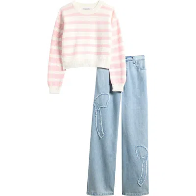 Tween Diva Kids' Stripe Sweater & Wide Leg Jeans Set In Pink