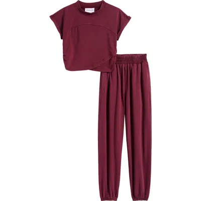 Tween Diva Kids' Washed Knit T-shirt & Joggers Set In Burgundy
