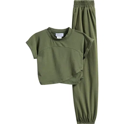 Tween Diva Kids' Washed Knit T-shirt & Joggers Set In Green