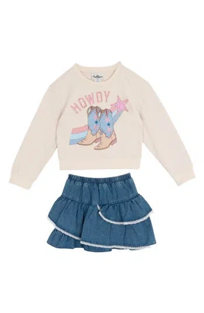 Tween Diva Kids' Western Sweatshirt & Ruffle Skirt Set In White