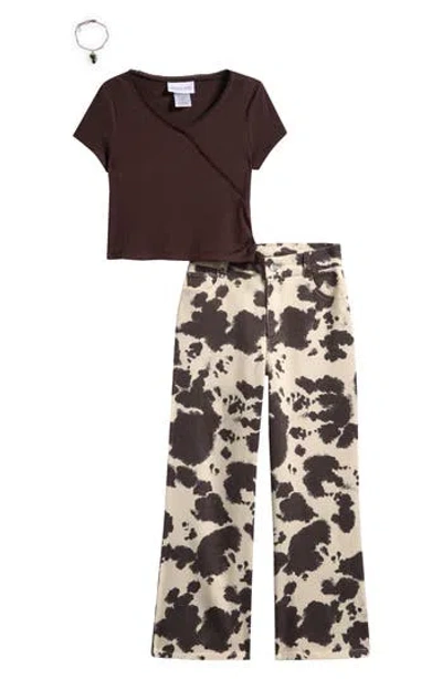Tween Diva Kids'  Ribbed Top & Cow Twill Pants In Brown