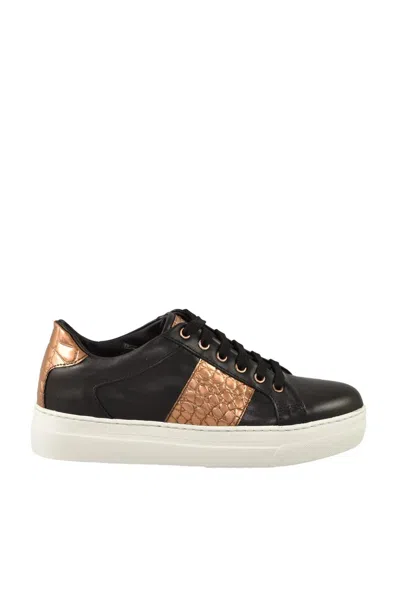 Twelve Style Division Black Leather Sneakers With Textured Bronze Accents