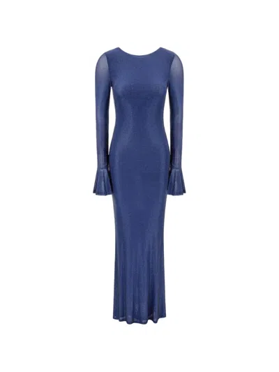 Twenty Four Haitch Algedi Crystal-embellished Fluted-sleeve Dress In Blue