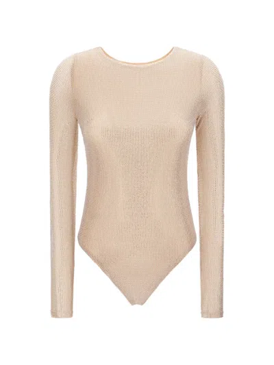 Twenty Four Haitch Arches Rhinestone-embellished Long-sleeve Bodysuit In Neutral