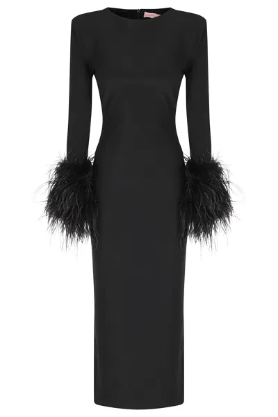 Twenty Four Haitch Black Teide Long Feather-trimmed Midi Dress