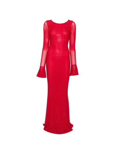 Twenty Four Haitch Crystal-embellished Bell-sleeve Maxi Dress In Red