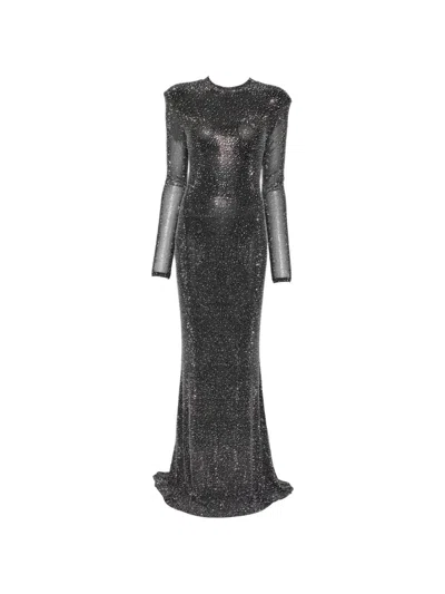 Twenty Four Haitch Crystal-embellished Long-sleeve Maxi Dress In Black