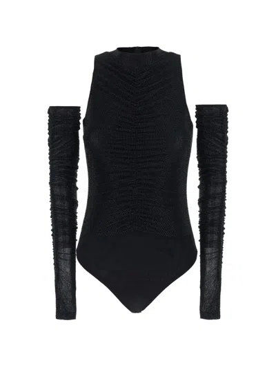 Twenty Four Haitch Crystal-embellished Ruched Bodysuit In Black