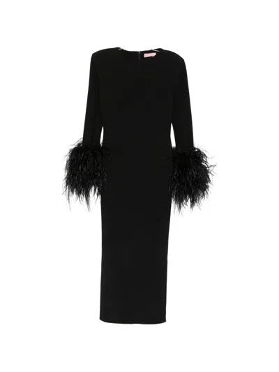 Twenty Four Haitch Feather-trim Long-sleeve Midi Dress In Black